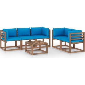 The Living Store Lounge Set - Grenenhout - Hoekbank + Middenbank + Tafel - Lichtblauwe Kussens
