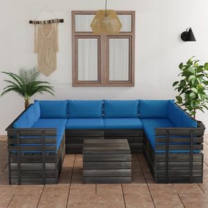 The Living Store Loungeset Pallet Grenenhout - 60x65x71.5 cm - Lichtblauw kussen