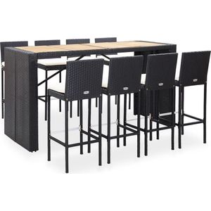 The Living Store Poly Rattan Barset - Zwart - Tafel 200x80x110 cm - Stoel 40x44x108 cm - Incl - Kussens - Massief Acaciahout - Gepoedercoat Staal - Montage vereist - 8x Barstoel - 8x Zitkussen