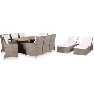 The Living Store Poly Rattan Tuinset - Bruin en wit - 200 x 100 x 74 cm - Ligstoel - stoel - tafel - Verstelbare