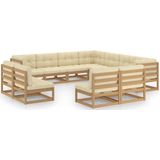 The Living Store Grenenhouten Loungeset - Hoekbank + Middenbank + Kussens - Honingbruin/Crème - 70x70x67 cm