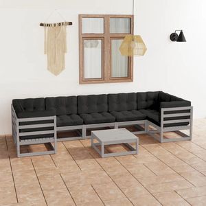 The Living Store 8-delige Loungeset met kussens massief grenenhout grijs - Tuinlounge - Lounge Set - Houten Tuinmeubels - Grenenhouten Lounge - Buis Stoffen Kussens