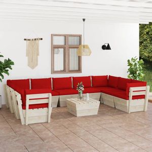 The Living Store Houten Loungeset - 10-delige - Pallet Tuinset - 60x60x65 cm - Rood