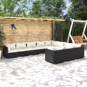 The Living Store loungeset - poly rattan - modulair - zwart - crème - 70x70x60.5cm - weer- en waterbestendig