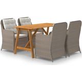 The Living Store Tuinset - Acaciahouten Tafel 140x70x73.5 cm - Bruine Rattan Stoelen - Set van 4 - Crèmewitte Kussens