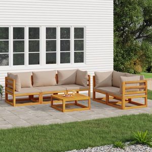 The Living Store 6-delige Loungeset met taupe kussens massief hout - Tuinsets - Lounge Sets - Acacia Hout - Outdoor Furniture - Buitendecoratie