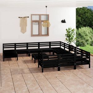 13-tlg. Garten-Lounge-Set Schwarz Massivholz Kiefer - Gartenmöbel - Loungesessel - Gartenloungeset - Rattan Möbel - Kiefernholzmöbel - The Living