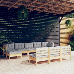 The Living Store loungeset massief grenenhout - grijs - 2x hoekbank - 6x middenbank - 2x voetenbank/tafel