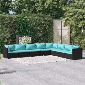 The Living Store Loungeset - Modulair ontwerp - Stevig frame - Waterdicht PE-rattan - Comfortabele kussens - Zwart/waterblauw - 150x150x60.5 cm
