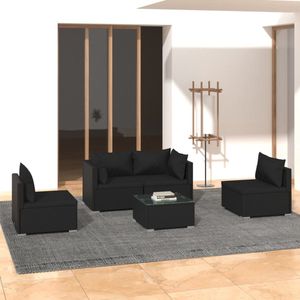The Living Store Loungeset - Rattan - Zwart - Modulair design - Waterbestendige kussens - Stevig frame - PE-rattan