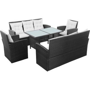 The Living Store Loungeset Rattan - Poly - Zwart/Crèmewit - 2x 3-zitsbank - 2x Armstoel - 1x Tafel - 16x Kussens