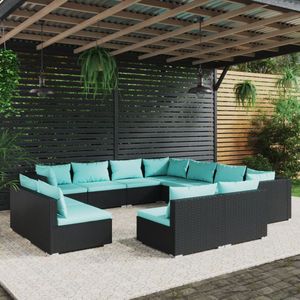 The Living Store Loungeset Poly Rattan - 11-delig - Zwart - Waterblauwe kussens