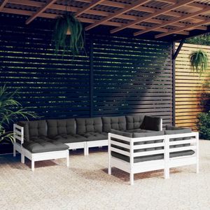 The Living Store Loungeset Tuinmeubel - Massief grenenhout - Wit - Hoekbank - Middenbank - Voetenbank/Tafel - 63.5x63.5x62.5cm - Antraciet kussen - 100% polyester stof
