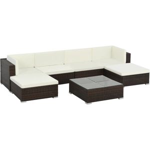 The Living Store Loungeset Poly Rattan - Bruin - 2 Hoekbanken - 2 Middenbanken - 2 Hockers - 1 Salontafel - PE Rattan - Stalen Frame