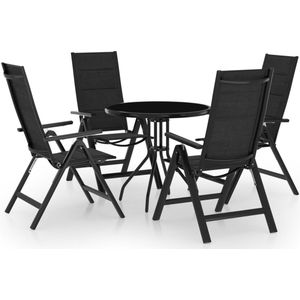 The Living Store Bistroset - Aluminium tuinstoel en glazen tafel - Verstelbaar - Antraciet/Zwart - 80x72cm - Inclusief 4 stoelen