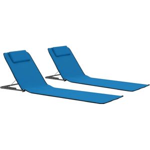 The Living Store Strandstoelen - Opvouwbare Strandmatten - Blauw - 160x53x47 cm - Inclusief opbergvak - Verstelbare rugleuning - Hoofdsteun - Set van 2
