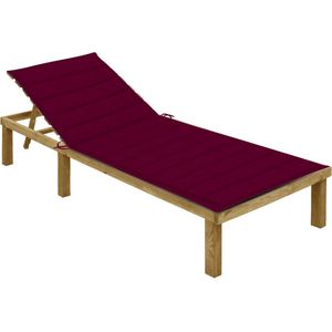 The Living Store Loungebed - Grenenhout - Verstelbare rugleuning - 200x70x31.5-77 cm - Wijnrood kussen