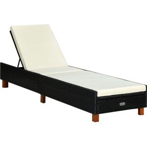 The Living Store Tuinbed - Inklapbaar - PE Rattan - Gepoedercoat staal - Acaciahout - Zwart - Crèmewit - 200x55x(30-72.5)cm