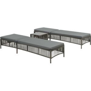 The Living Store-Ligbedden-2-st-met-tafel-poly-rattan-grijs - Ligbed