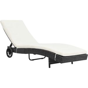 vidaXL Lounge Stoel - Ligbed - Ligbed met wielen en kussen poly rattan zwart - Tuinset - Buitendecoratie - Relaxen