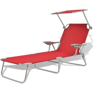 The Living Store Ligbed - Strandbed Inklapbaar 58x189x27 cm - Rood - Verstelbare Rugleuning en Luifel - Draagvermogen 120 kg - Gepoedercoat Staal