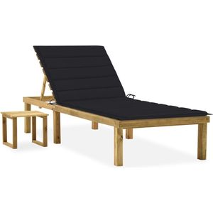 The Living Store Loungebed - Tuinbed - Houten - Verstelbare rugleuning - Grenenhout - Zwart kussen - Inclusief tafel -