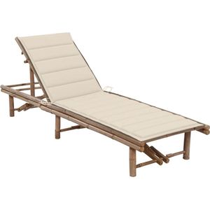 The Living Store Bamboe Ligbed - Tuinbed - 200x65x(30-87) cm - Verstelbare Rugleuning - Crème Kussen