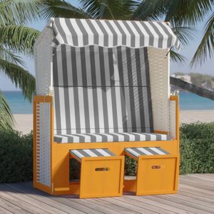 The Living Store Strandstoel Lounger - Grijs en Wit - 115 x 55 x 133 / 151 / 156 cm - Poly Rattan - Houten Frame