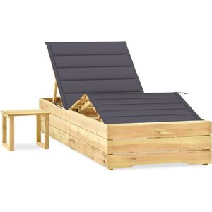 The Living Store Loungebed - Hout - Antraciet kussen - Verstelbare rugleuning - Inclusief tafeltje - 198x90x(30-75)cm -