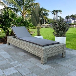 The Living Store Ligbed Deluxe Grijs Rattan - 220x75x35 cm - Verstelbaar - Weerbestendig