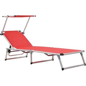 The Living Store Ligstoel Zonnebed - Rood - 186x58x25.5 cm - Verstelbare rugleuning en zonnedak