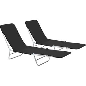 The Living Store Strandstoel Set - zwart - 56 x 182 x 24.5 cm - verstelbare rugleuning