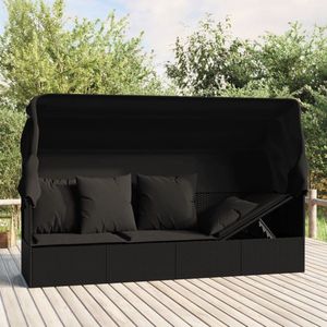 The Living Store Loungebed PE-rattan - 203x58x56 cm - inklapbare luifel - zwart