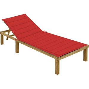 The Living Store Loungebed - Hout - Verstelbare rugleuning - Geïmpregneerd grenenhout - Rood kussen - 200 x 70 x