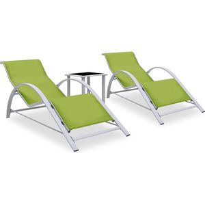 The Living Store Loungebeddenset - 2 Ligbedden en 1 Tafel - Aluminium - Groen - 167x60x66cm