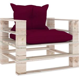 The Living Store Pallet Armstoel - Tuinmeubel - 80 x 67.5 x 62 cm - Hout - Wijnrood kussen