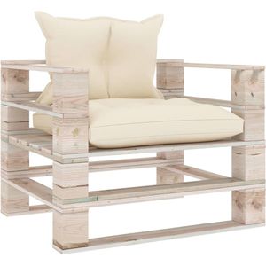 The Living Store Pallet Armstoel Tuin - 80 x 67.5 x 62 cm - Massief grenenhout - Crème kussen