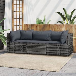 The Living Store 3-tlg. Garten-Lounge-Set mit Kissen Grau Poly Rattan - Gartensortiment - Loungemöbel - Gartenloungeset - Gartenmöbel - Balkonmöbel