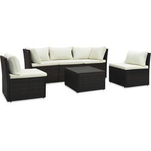 The Living Store Loungeset - Poly rattan - Bruin-Wit - 180x63x66 cm - Inclusief kussens
