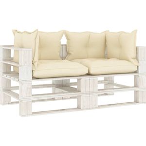 The Living Store Pallet Bank - Terrasbank - Grenenhout - 140 x 67.5 x 60.8 cm - Crème/Wit - Inclusief kussens