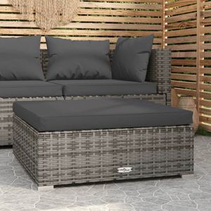 The Living Store Tuinvoetenbank met kussen 70x70x30 cm poly rattan grijs - Tuinstoel - Lounge Stoel - Buitentijdbank - Relaxstoeltje - Outdoor Bank