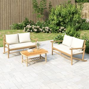2-tlg. Garten-Lounge-Set mit Cremeweißen Kissen Bambus - Bambus Möbel - Gartenloungeset - Loungesessel - Gartenbank - Außengestühl - The Living Store