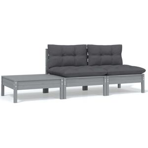 The Living Store 3-delige Loungeset met kussens massief grenenhout grijs - Loungebank - Lounge Set - Houten Bank - Buitendrank - Tuinbank