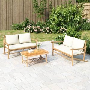 The Living Store Tuinbank met crèmewitte kussens bamboe - Bamboetuinbank - Tuinset - Buisendecoratie - Lounge Set - Outdoor Furniture