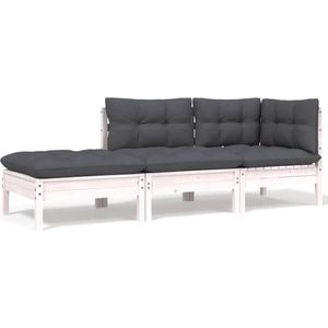 The Living Store 3-delige Loungeset met kussens massief grenenhout wit - Loungebank - Lounge Set - Tuinset - Houten Bank - Balkonset