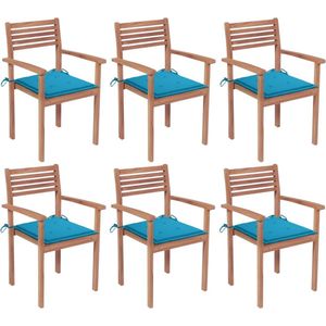 The Living Store Stapelbare Teakhouten Tuinstoelen - 56 x 51 x 90 cm - Duurzaam - Blauwe kussens - 6 stoelen + 6