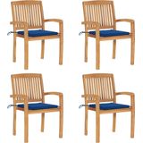 The Living Store Tuinstoelen - Hout - Stapelbaar - 60x57.5x90 cm - Koningsblauw kussen - Weerbestendig - Inclusief 4 stoelen en 4 zitkussens - Montage vereist