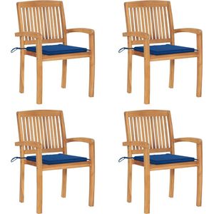The Living Store Tuinstoelen - Hout - Stapelbaar - 60x57.5x90 cm - Koningsblauw kussen - Weerbestendig - Inclusief 4 stoelen en 4 zitkussens - Montage vereist
