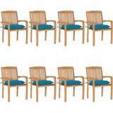 The Living Store Houten Tuinstoelen - Stapelbaar - 60 x 57.5 x 90 cm - Lichtblauw kussen - Weerbestendig - 8 stoelen met kussens