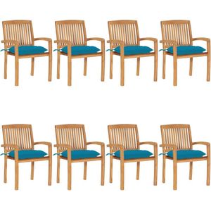 The Living Store Houten Tuinstoelen - Stapelbaar - 60 x 57.5 x 90 cm - Lichtblauw kussen - Weerbestendig - 8 stoelen